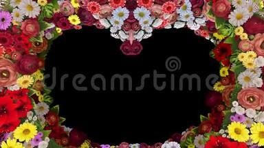 旋转的花朵在黑色背景上形成心脏轮廓的动画。 婚礼祝福模板